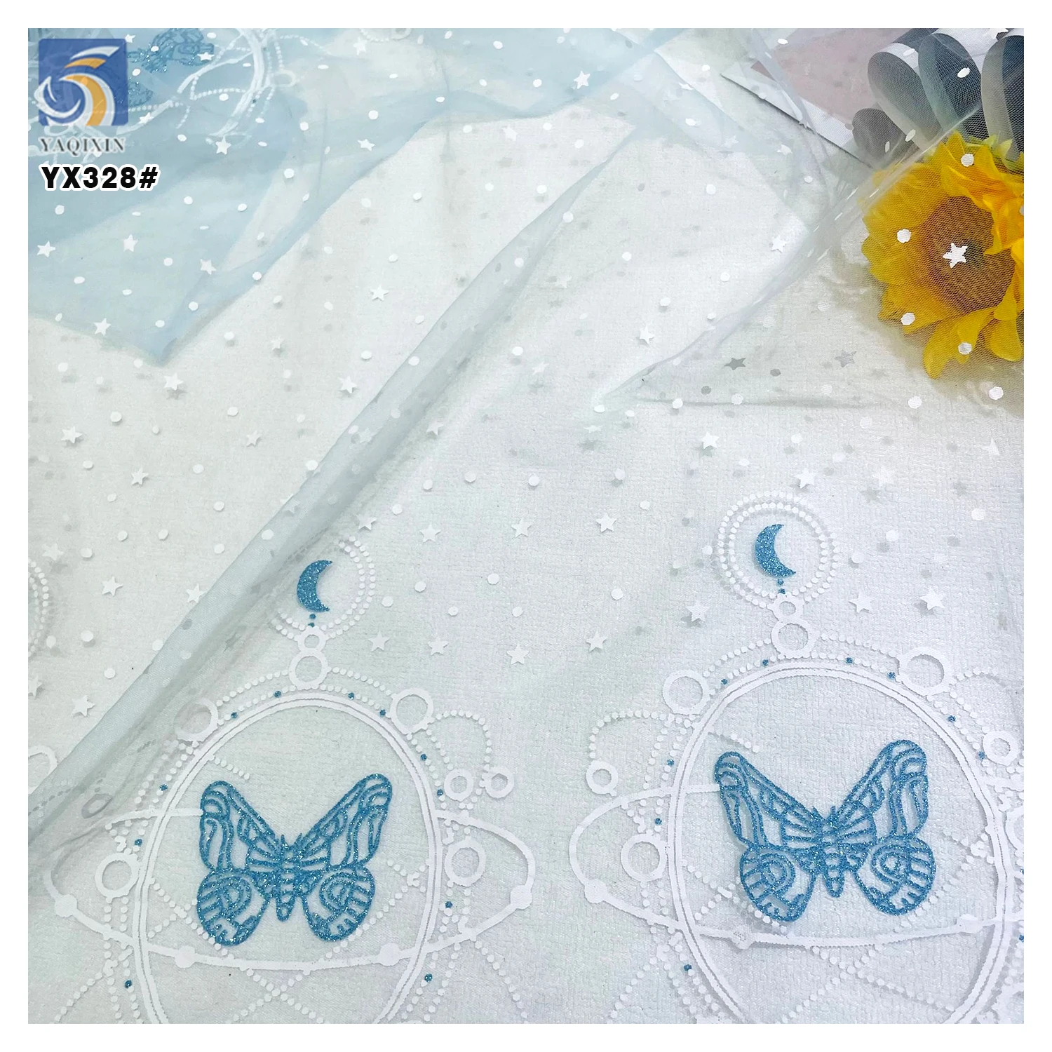 YX328 Custom Glitter Princess Dress Snowflake Tulle Fabric Polyester Snowflake Blue and White Christmas Mesh Fabric - 图片 4