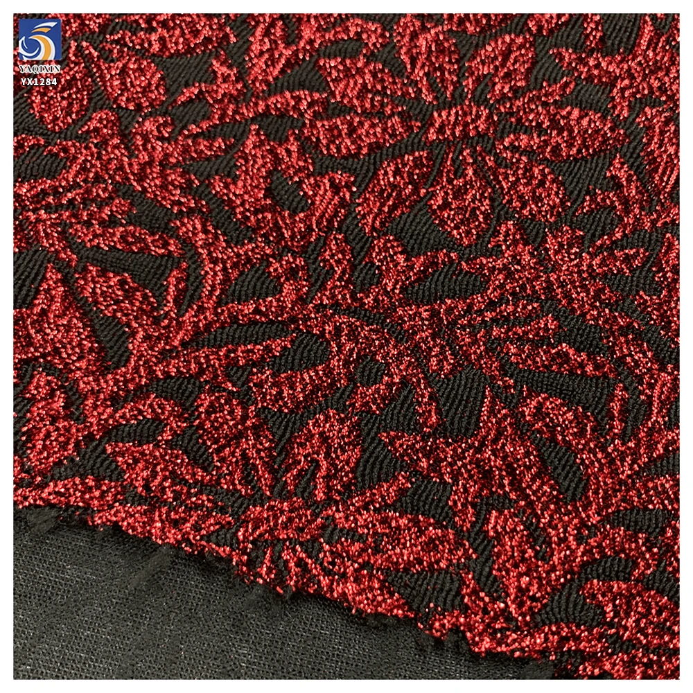 YX1284 160gsm 100% Polyester Wholesale Wine Red Shiny Lurex Jacquard Fabric With 3D Rhinestones Arabic Dress Jacquard Fabric - 图片 6