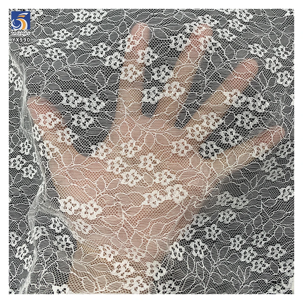 YX990 High Quality 100% Polyester Dense Small Florals Lace Fabric Soft Dress, Underwear Chantilly Lace Fabrics White - 图片 2