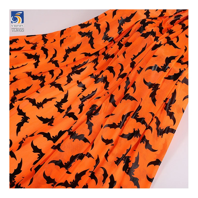 YX912 2026 New Design Black Bats Foil Print Mesh Tulle Orange Halloween Fabric Knitted Printing Halloween Mesh Fabric - 图片 2