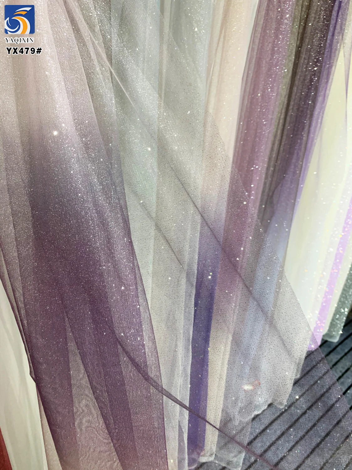 YX479 China Factory Polyester Colorful Tie Dye Glitter Tulle Fabric Soft Ombre Mesh Gradient Tulle Fabric for Dance Dress - 图片 4