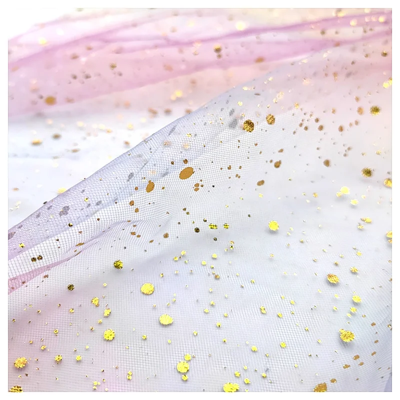 DX152 Rainbow Gradient Polka Dot Digital Foil Printed Glitter Gauze Fabric Party Dress Cloth