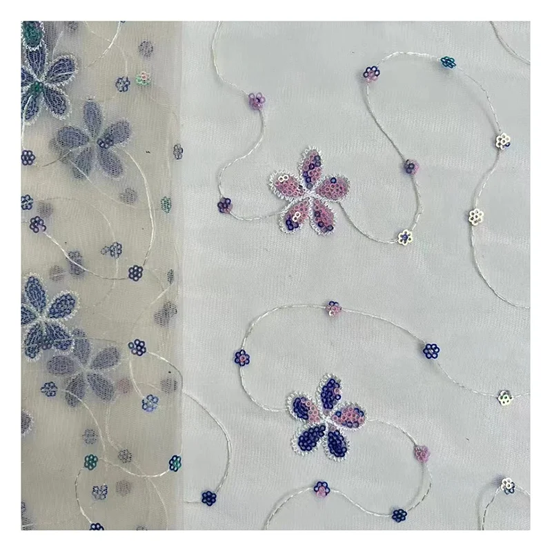 SCX001 Hot Selling Five Petal Flower Pink Sequin Fabric Embroidery Tulle Mesh Fabric Girl Clothing Fabric - 图片 3