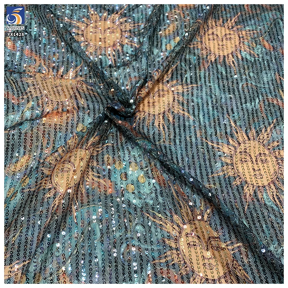 YX1428 RTS 180gsm New 2026 Sun Face Sunflower Printed Sequin 4 Way Stretch Net Mesh Fabric 140cm for Evening Gown - 图片 2