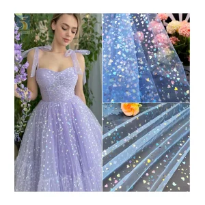 KT13 100% Polyester Solid Blue Tulle Fabric with Heart Color Foil Print Tulle Mesh Fabric for Clothing