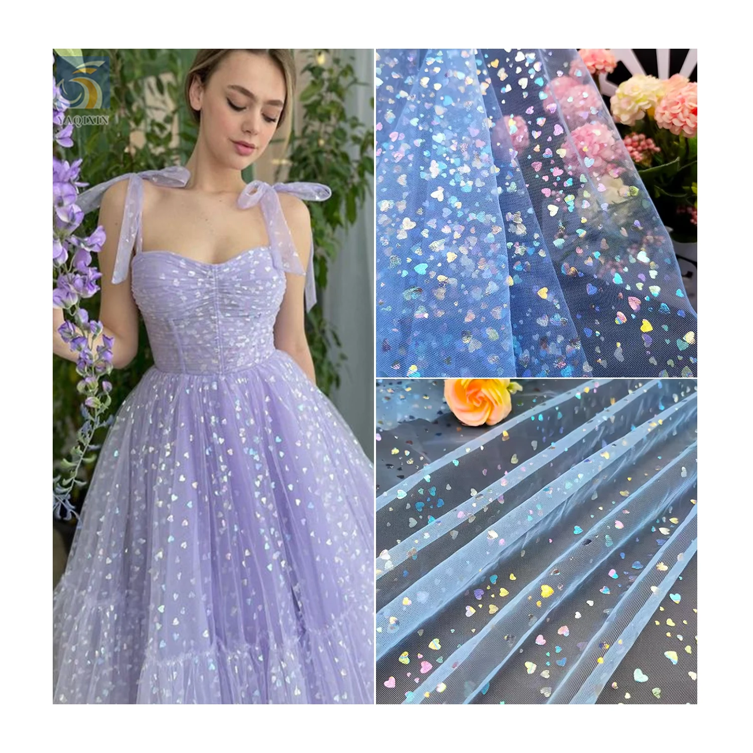 KT13 100% Polyester Solid Blue Tulle Fabric with Heart Color Foil Print Tulle Mesh Fabric for Clothing