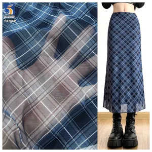YX755 Casual Skirt Dark Blue Gradient Digital Printed Plaid Tulle Fabric 100% Polyester Soft Checked Tulle Mesh Fabric