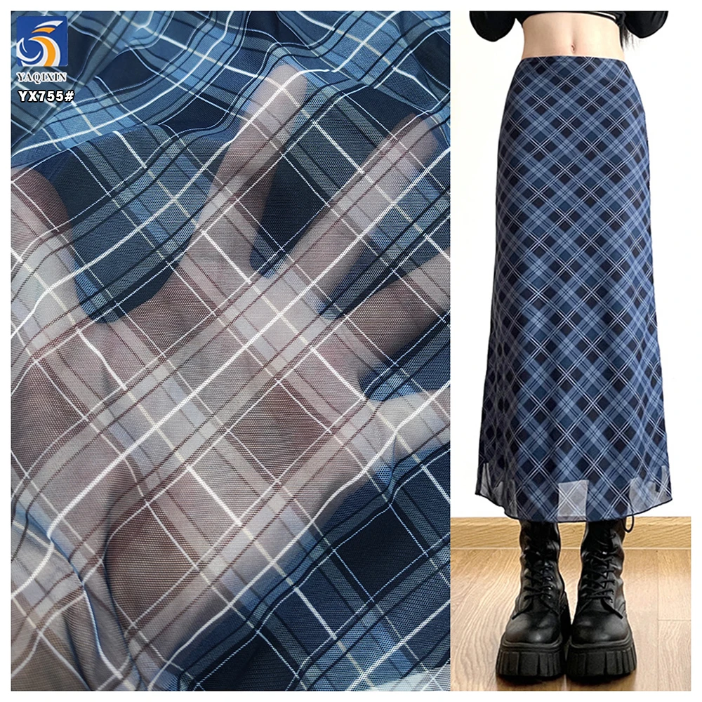 YX755 Casual Skirt Dark Blue Gradient Digital Printed Plaid Tulle Fabric 100% Polyester Soft Checked Tulle Mesh Fabric