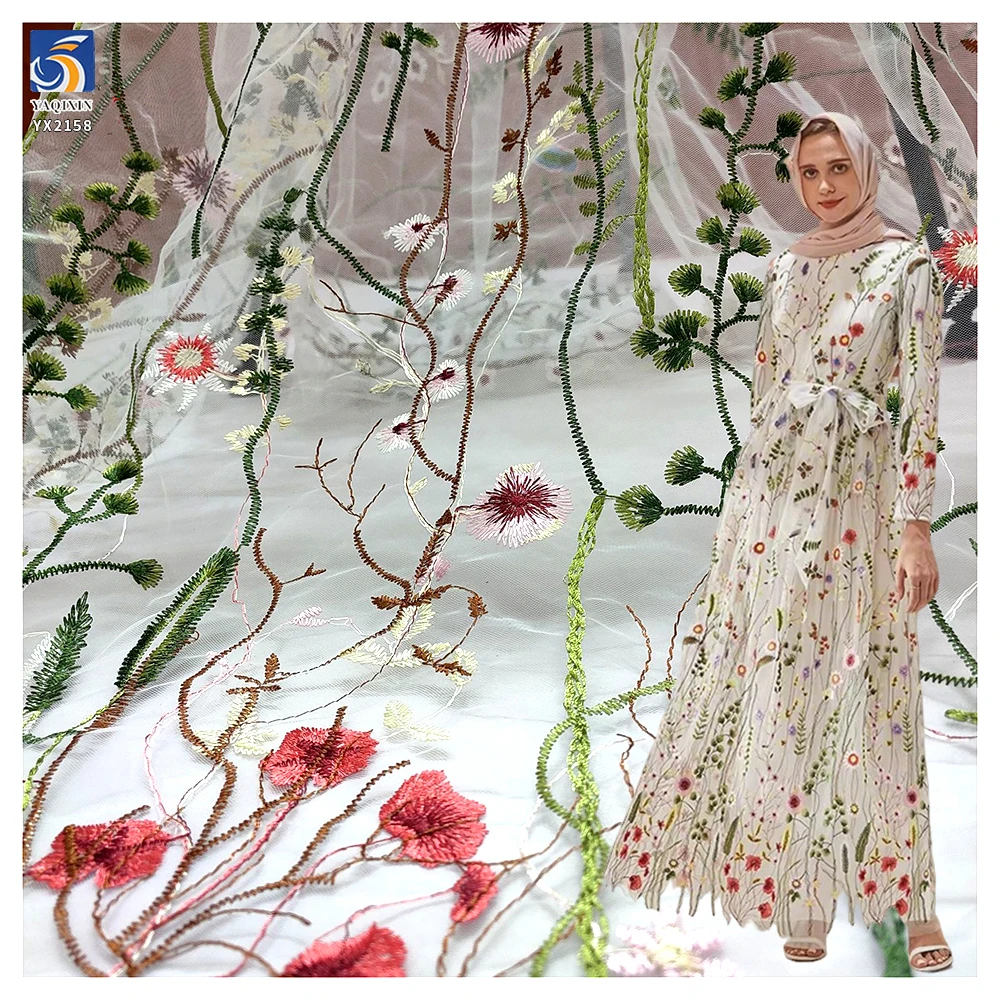 3D Embroidered Floral Wedding Veil Gown Lace Fabric Muslim Abaya Dubai Laces Embroidery Lace Fabric