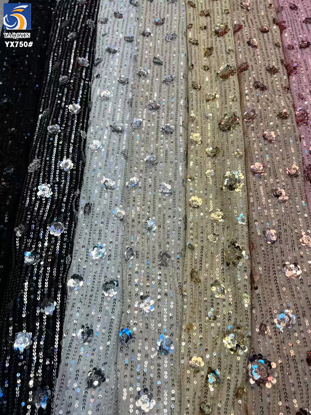 YX750 2026 Latest 3MM Elastic Mesh Sequin Flower Fabric 200gsm Rose Pattern Metallic Sequined Fabric for Skirts - 图片 6