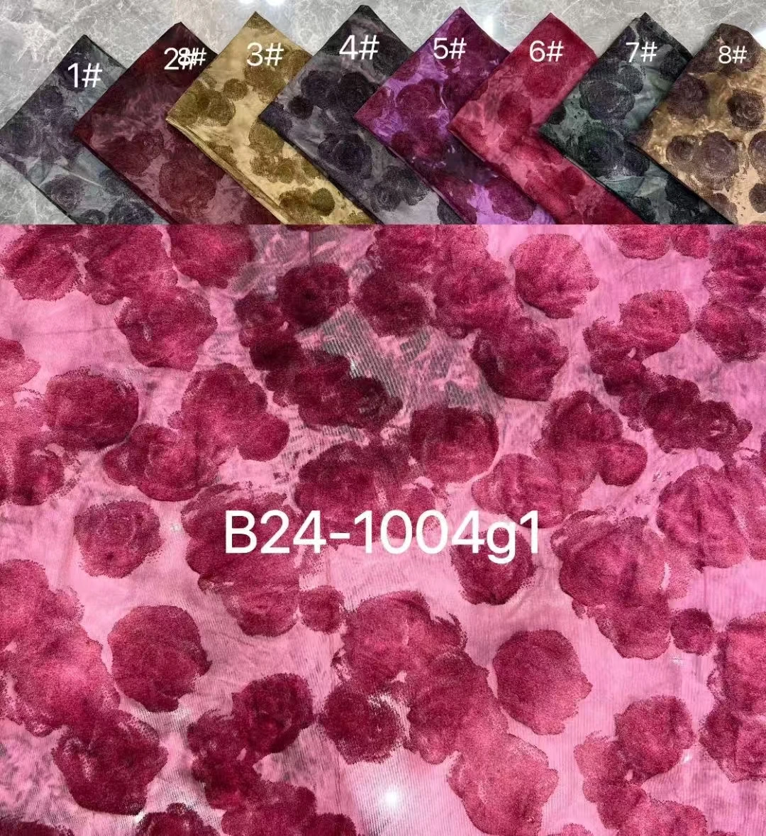 YX634 Latest Design Leopard Print Butterfly Rose Floral Flocked Polyester Fabric Pink Evening Gown Knitted Fabric - 图片 3