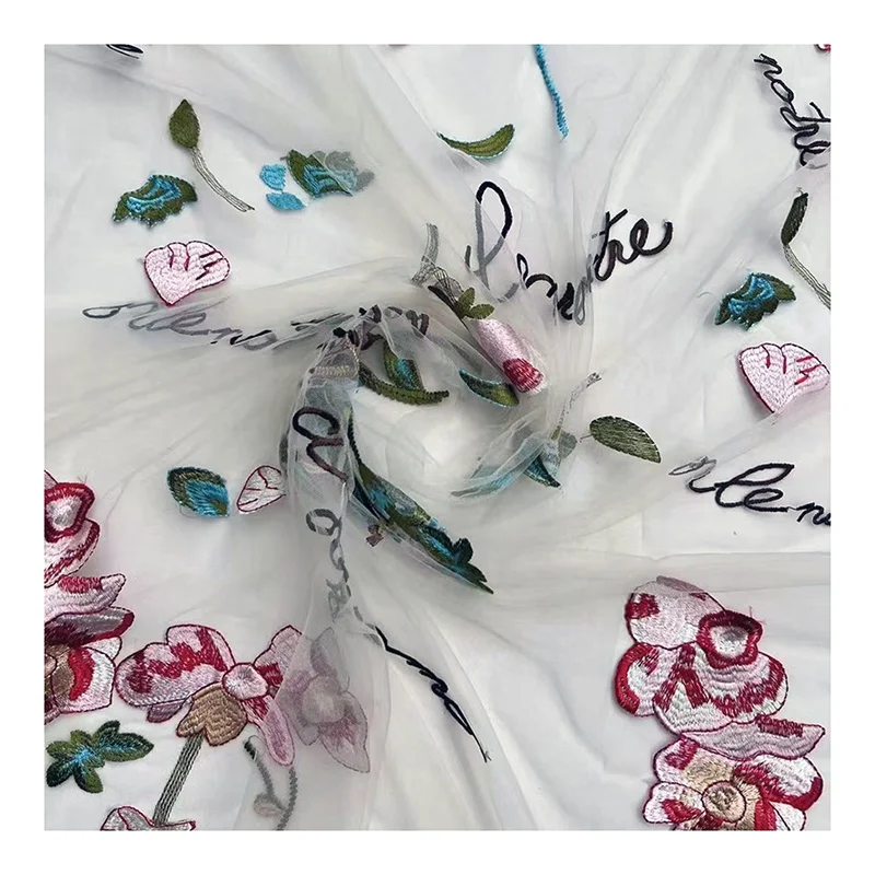 China Style Custom Embroidered Flower Tulle Fabric Lace Embroidery Woman Dress Fabric - 图片 6