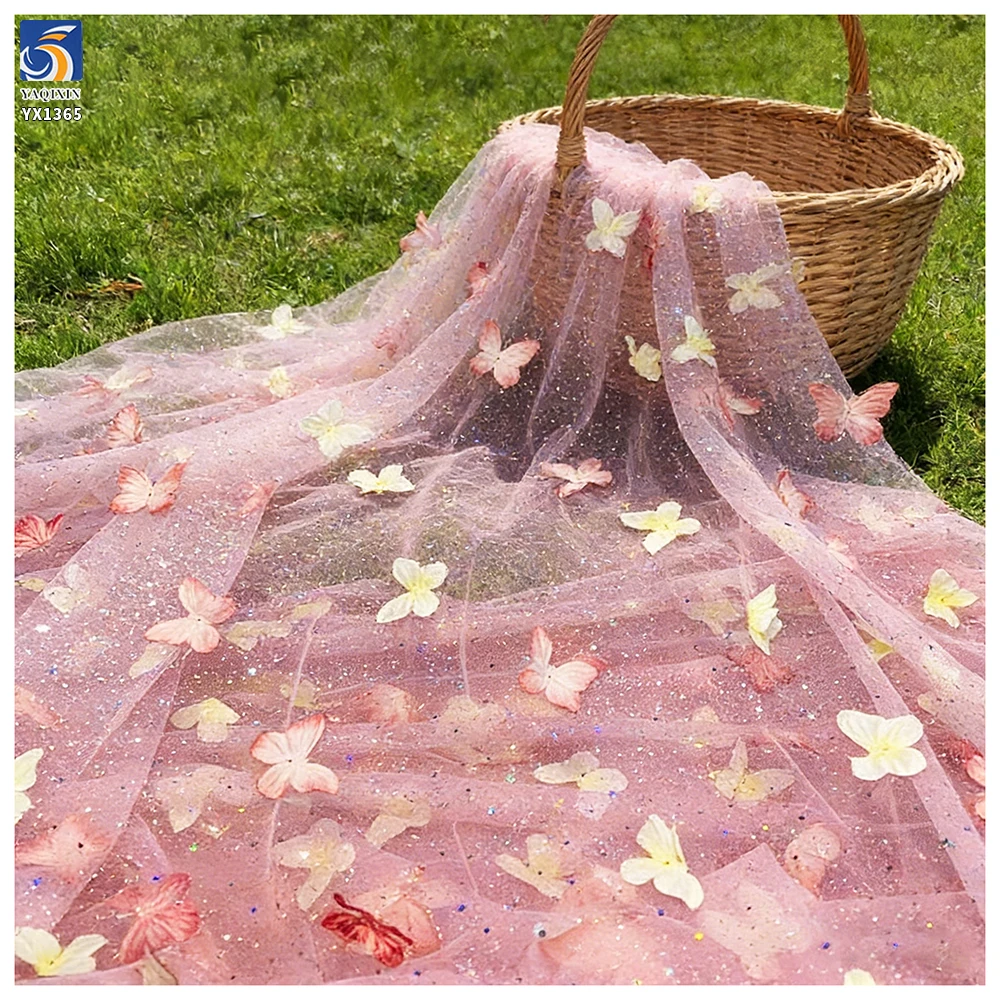 YX1365 New Glitter Tulle Fabric With 3D Diamonds Stones Butterfly Gradient Glitter Polyester Knitted 3D Butterfly Mesh Fabric - 图片 2