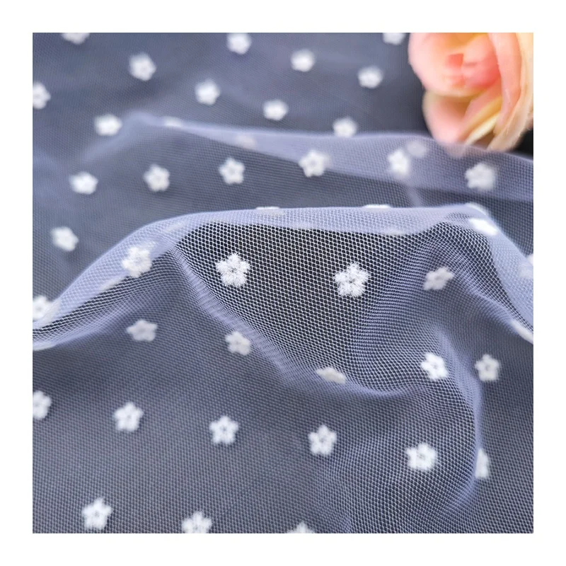 DX158 Hot White Soft Small Floral Flocked Tulle Mesh Fabric Nylon Tulle for Dress - 图片 6