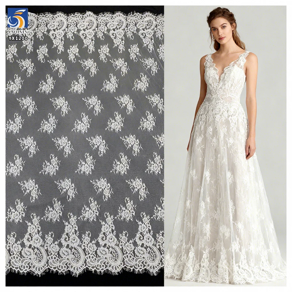 YX1200 Apricot/White English Embroidery White Wavy Lace Fabric Wedding Dress Girl Italy Eyelash Lace Fabric New 2026