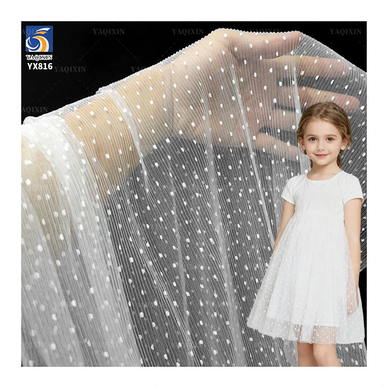 YX816 150CM Flocked Polka Dot 2mm Pleated Tulle Fabric White Striped Pleated Mesh Tulle Fabric for Women's Sleeve Skirt