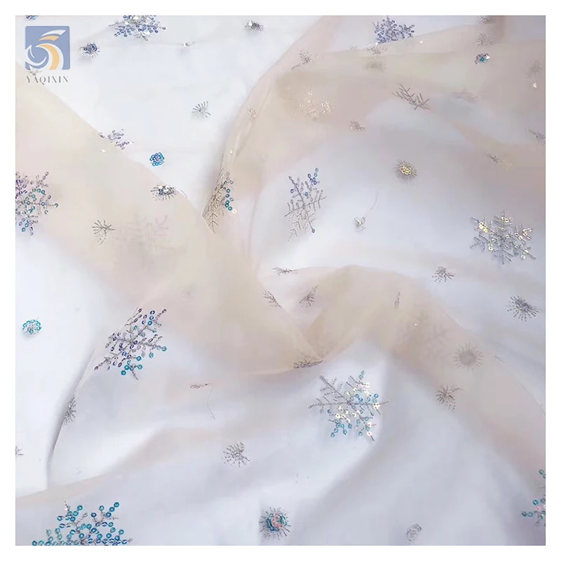 YX2538 Stock Christmas American Fancy Tulle Wholesale Yards Embroidery Snowflake Sequin Fabric Mesh Glitter Sparkle Fabric - 图片 6