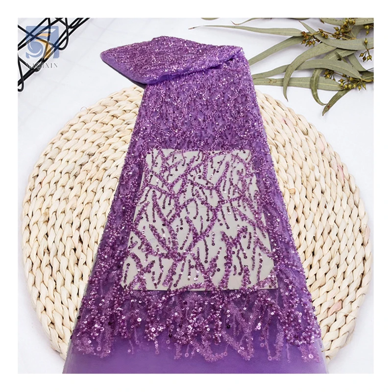 Latest French Burgundy Glitter Lace Fabrics for Women 2025 Beads and Sequins Embroidery Fabric - 图片 5