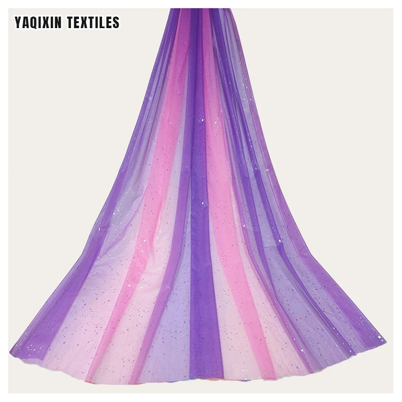 TH706-8 Pink Purple Dream Knit Tie Dyed Style Fabric Glitters Sparkles Bridal Tulle Mesh Lace Fabric With Gradient Colors - 图片 3