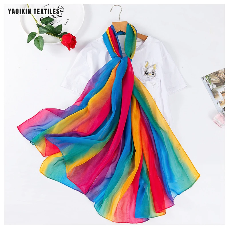 YX2144 New Arrival Gradient Rainbow Print Like Silk Scarf 100cm*180cm Oversized Travel Beach Chiffon Hijab Scarf Summer - 图片 6