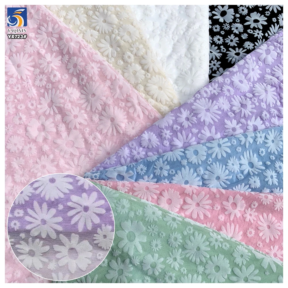 YX723 New Arrivals Elastic Mesh Flocking Fabric White Floral Design 92% Polyester 8% Spandex Stretch Flocked Mesh Fabric