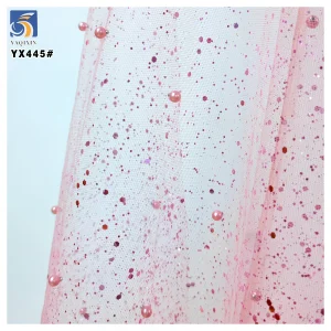 YX445 American Custom Polyester Mesh Fabric Hard Tulle With 3D Pearls and Sequins for Headdress Dress Fabric
