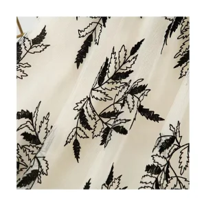 Fashion Design Soft Sheer Crepe Printed Pleated Tulle Fabric Leaf Pattern Flocking With Mesh Woven for Weddings Curtains Girls