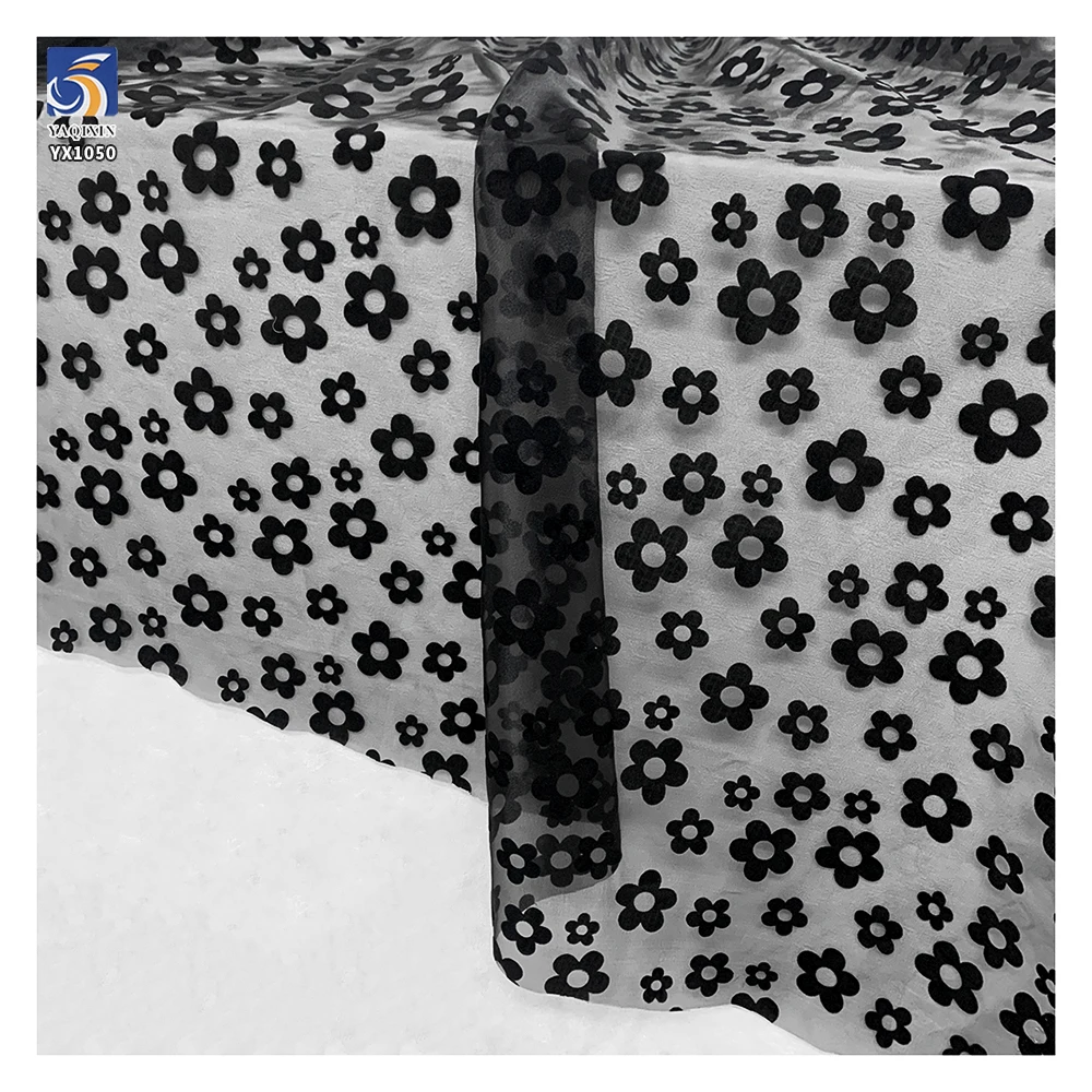 New Arrivals Flocking Black Floral Fabric Sheer Organza Fabric for Making Kids Dress - 图片 3