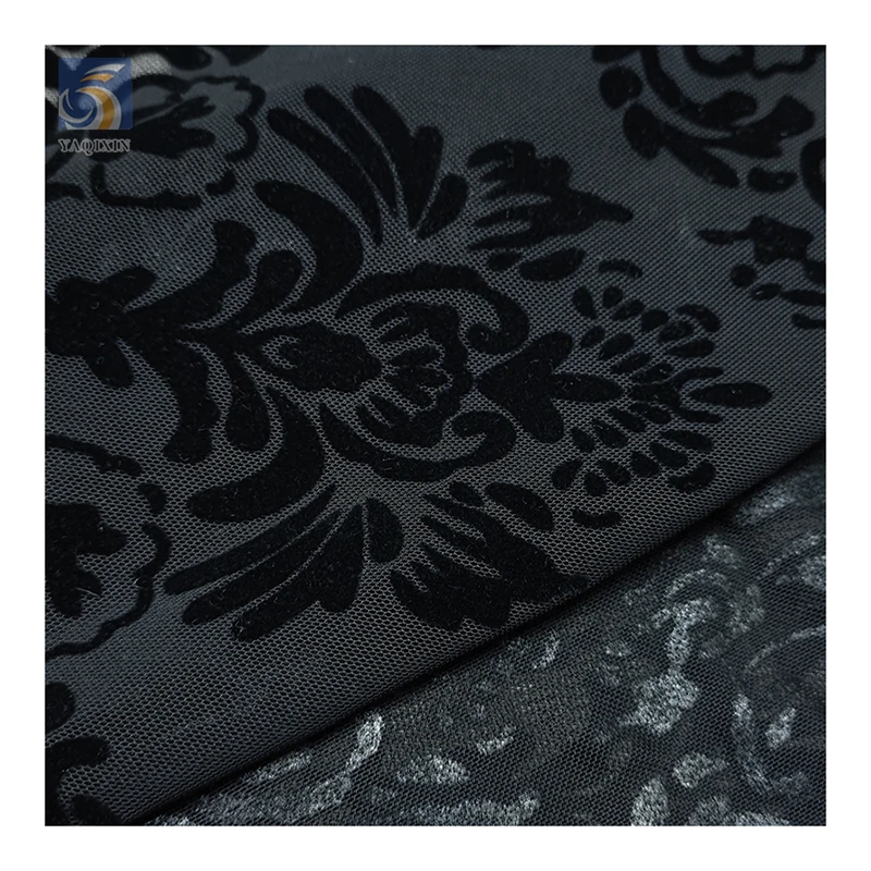 2024 Sexy Lingerie Custom Black Flocking Pattern Mesh Fabric 4-Way Stretch Power Mesh Fabric with Flocked - 图片 3