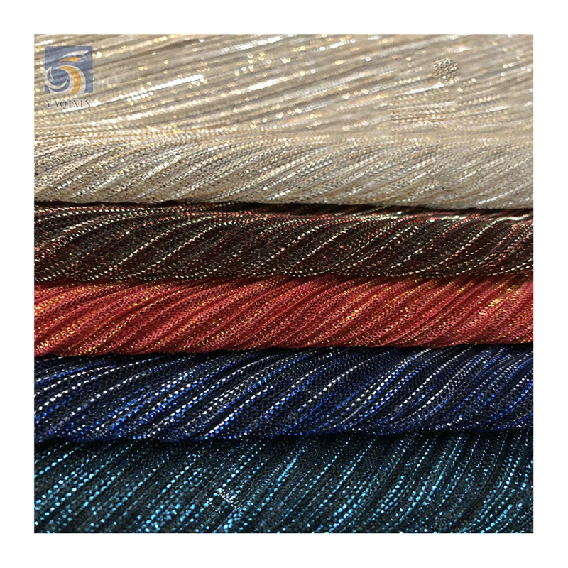 New Fashion Dance Dress Crepe Fabric 100%Polyester Knitted Strip Pleats Shiny Stretch Lurex Mesh Fabric - 图片 3