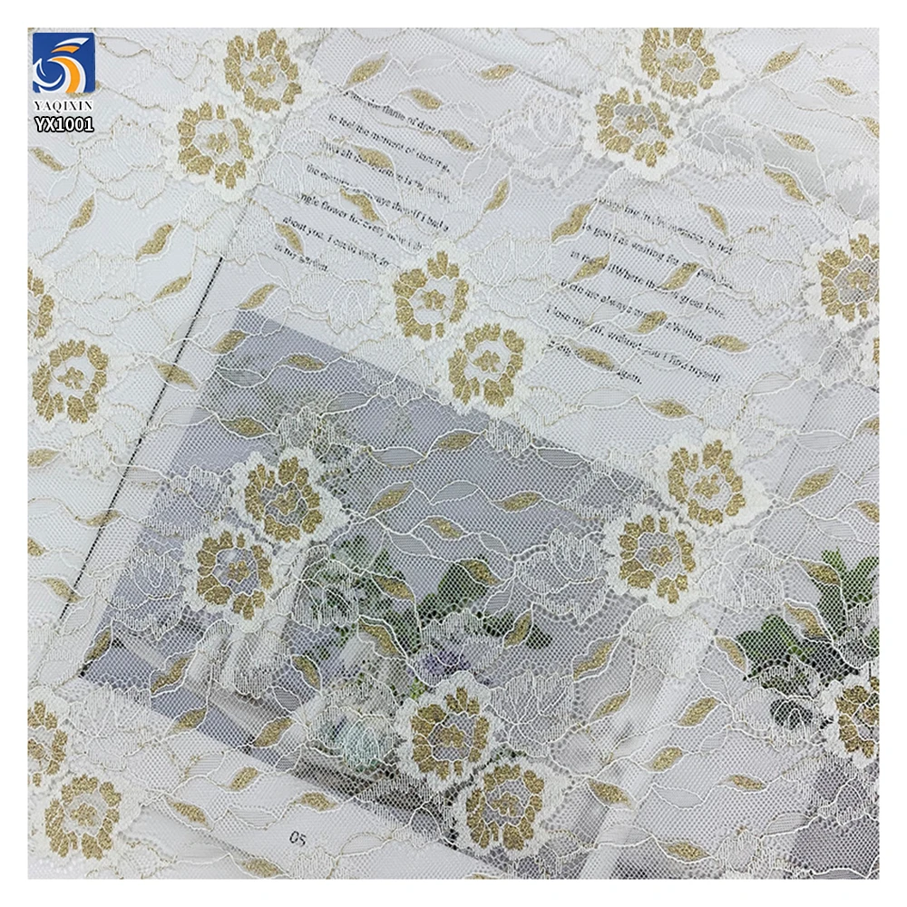 YX1001 50gsm Gold-Thread Peony Flowers Jacquard Mesh Lace Fabric 100% Nylon Lace Jacquard Tulle Chantilly Lace Fabrics - 图片 4