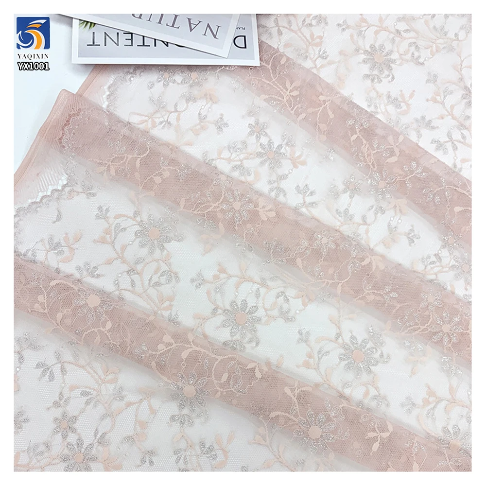 YX1001 50gsm Gold-Thread Peony Flowers Jacquard Mesh Lace Fabric 100% Nylon Lace Jacquard Tulle Chantilly Lace Fabrics - 图片 6