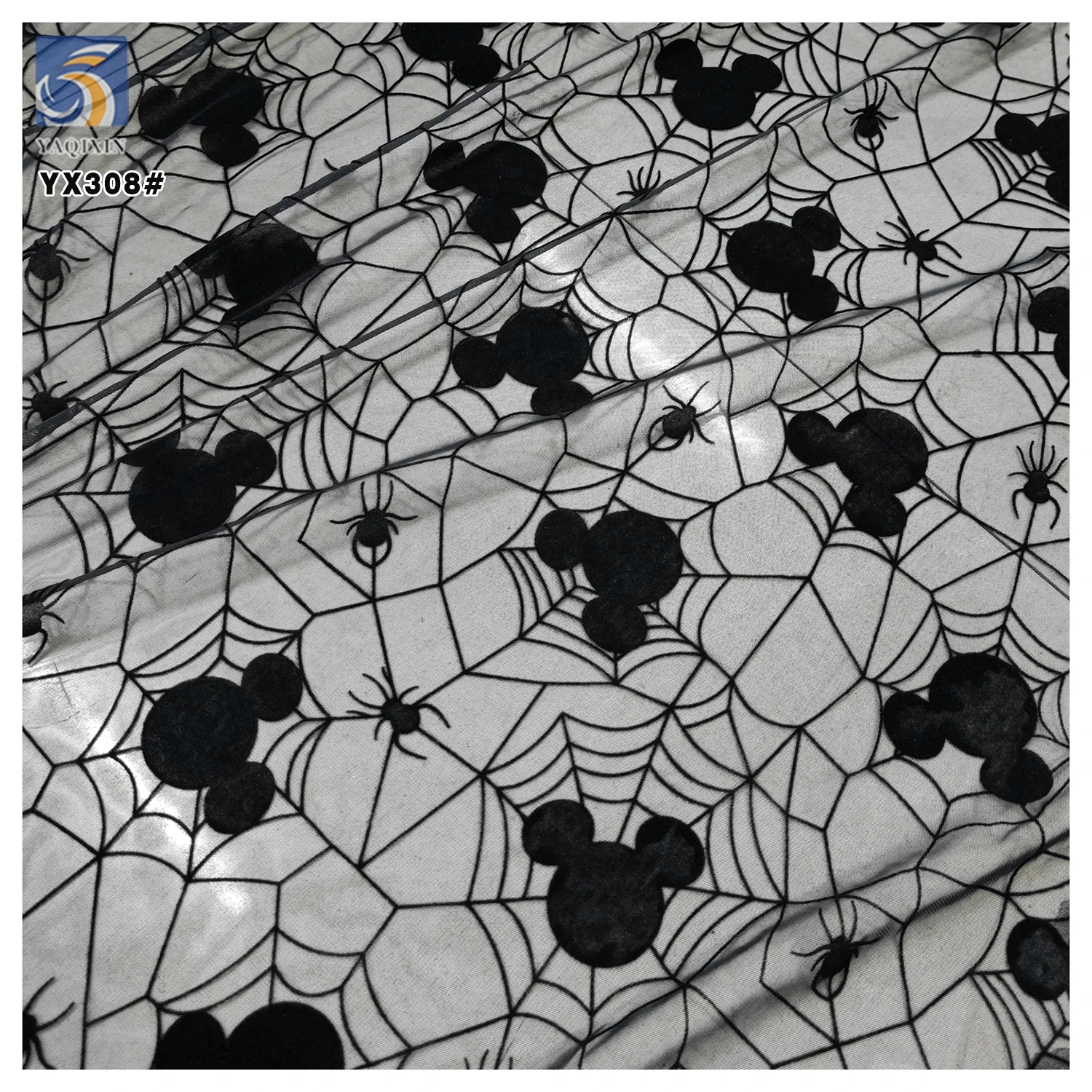 YX308 2025 Cartoon American Spider Web Mouse Pattern Tulle Fabric Soft Flocked Stretch Mesh Pure Black Fabric - 图片 6