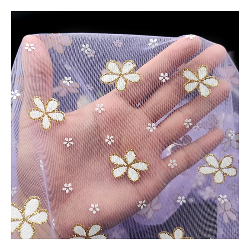 Purple Polyester Tulle Fabric with Glitter Floral Printed Tulle Fabric Baby Tutu Dress Fabric - 图片 3