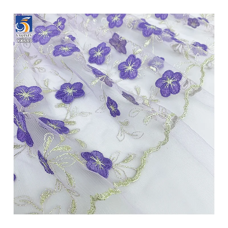 YX883 DIY Custom Plant Flowers Tulle Fabric Polyester Mesh Lavender Purple Embroidered Tulle Fabric With Small Florals - 图片 6