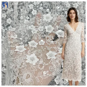 YX1033 New Materials 300CM*150CM Florals Sequins Beads Pearls 3D White Eyelash Lace Fabric for Women's Party Dress Wedding