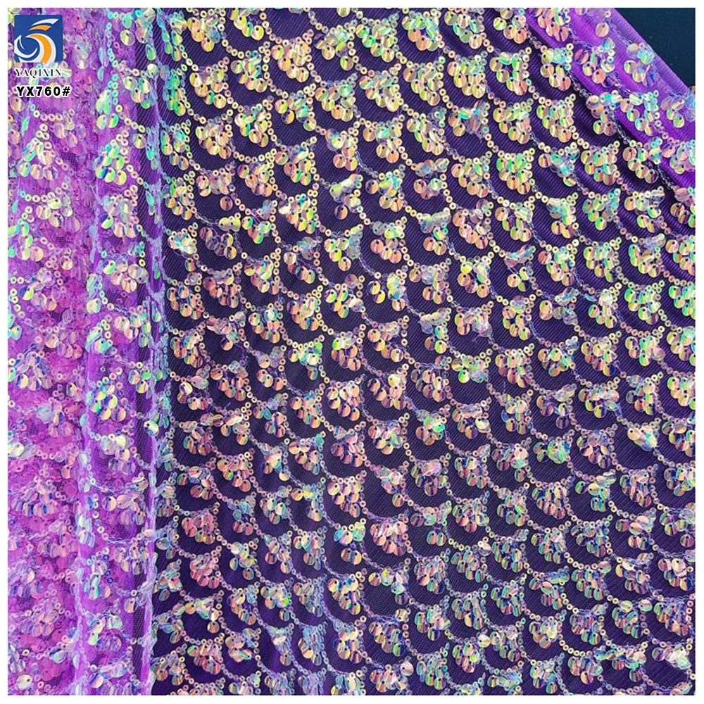 YX760 Hot Polyester Fantasy Style Fish Scale Dress Fabric Glittery Sequin Embroidered Mesh Sequin Fabric for Kids Dress - 图片 3