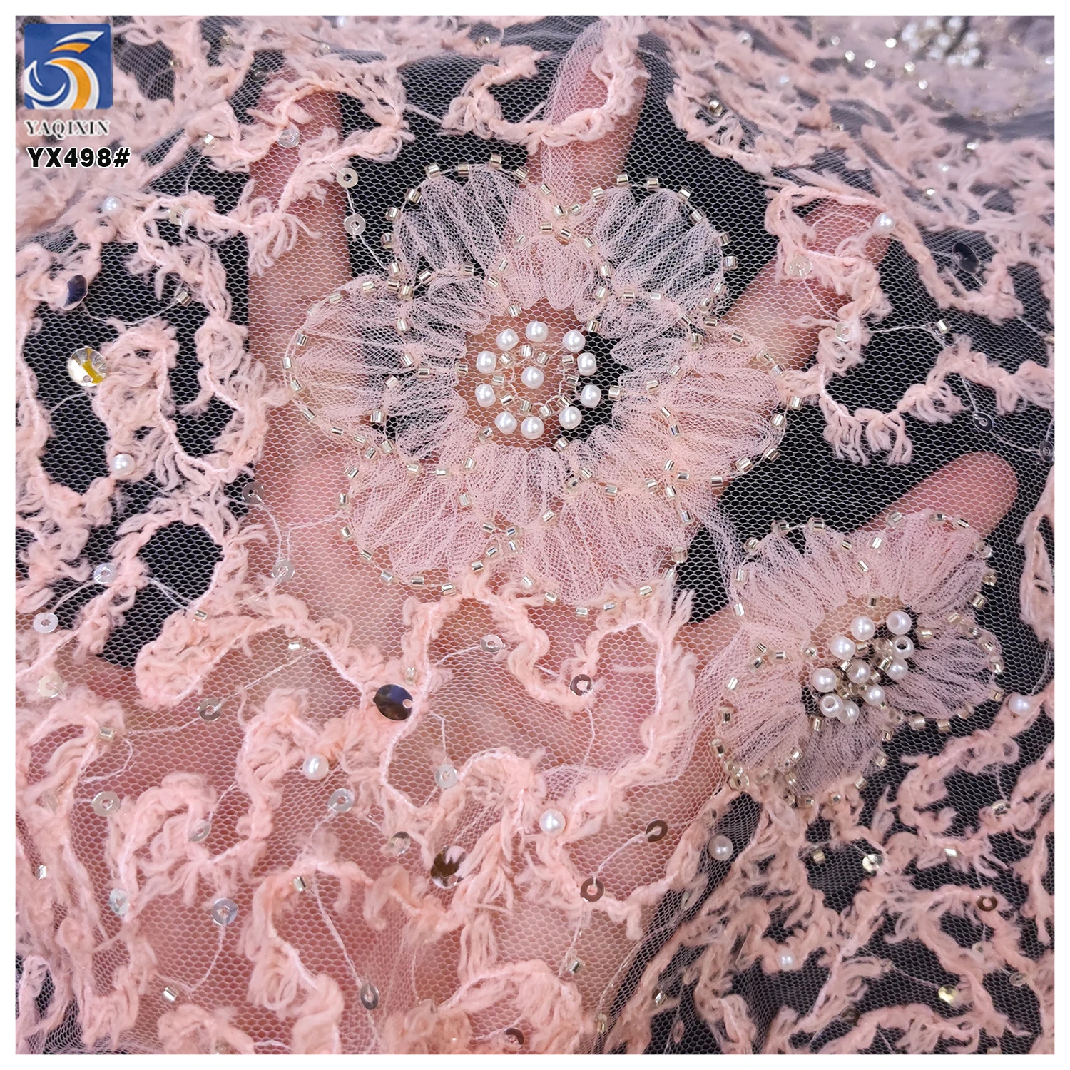 YX498 Hot Selling New Fabrics Bride 3D Lace Fabric With Sequin Flower Pearl Wedding Mesh Net Fabric - 图片 5