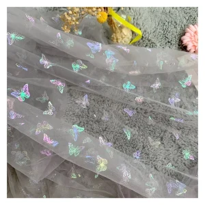 DX128 Stock Light Pink Polyester Tulle Fabric with Rainbow Color Butterfly Bronzing Net Mesh Fabric Wholesale