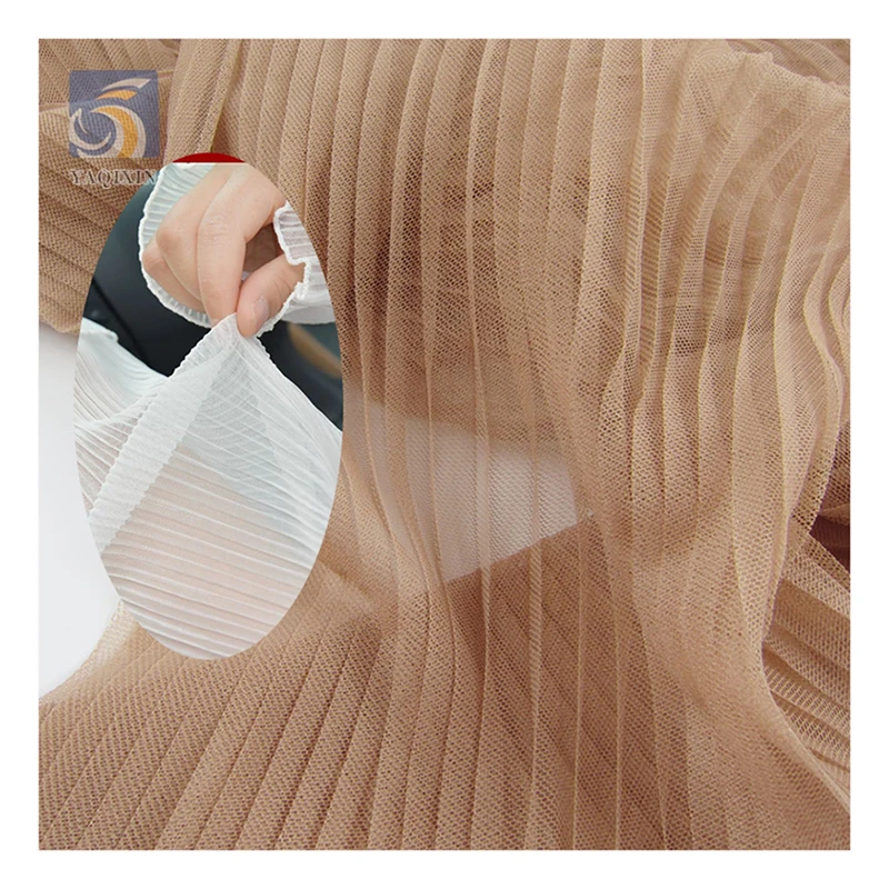 YZT003 Nude Soft Tulle Crepe Gauze 1/0.5 cm Row Crease Stretch Pleated Mesh Tulle Fabric