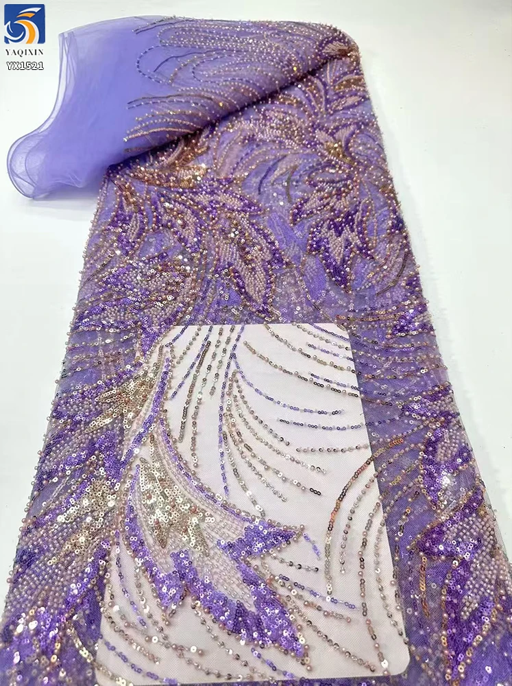 YX1521 300gsm White Bridal Mesh Fabric With Purple Gold Leaf Beaded Embroidery Lace Fabric for Couture Dress - 图片 5