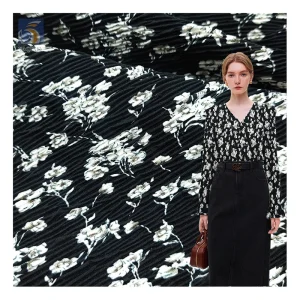 Middle East Design Black White Floral Printed Polyester Pleated Chiffon Fabric Abaya Chiffon Crepe Print Fabric
