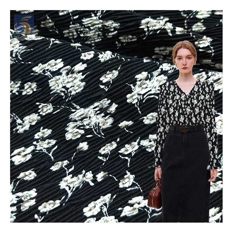Middle East Design Black White Floral Printed Polyester Pleated Chiffon Fabric Abaya Chiffon Crepe Print Fabric