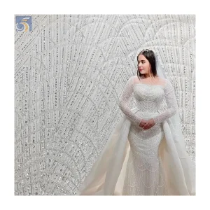 YX2574 White Embroidery Fabric Bridal Tulle Mesh Lace With Beads African Sequin Lace Fabrics for Dresses