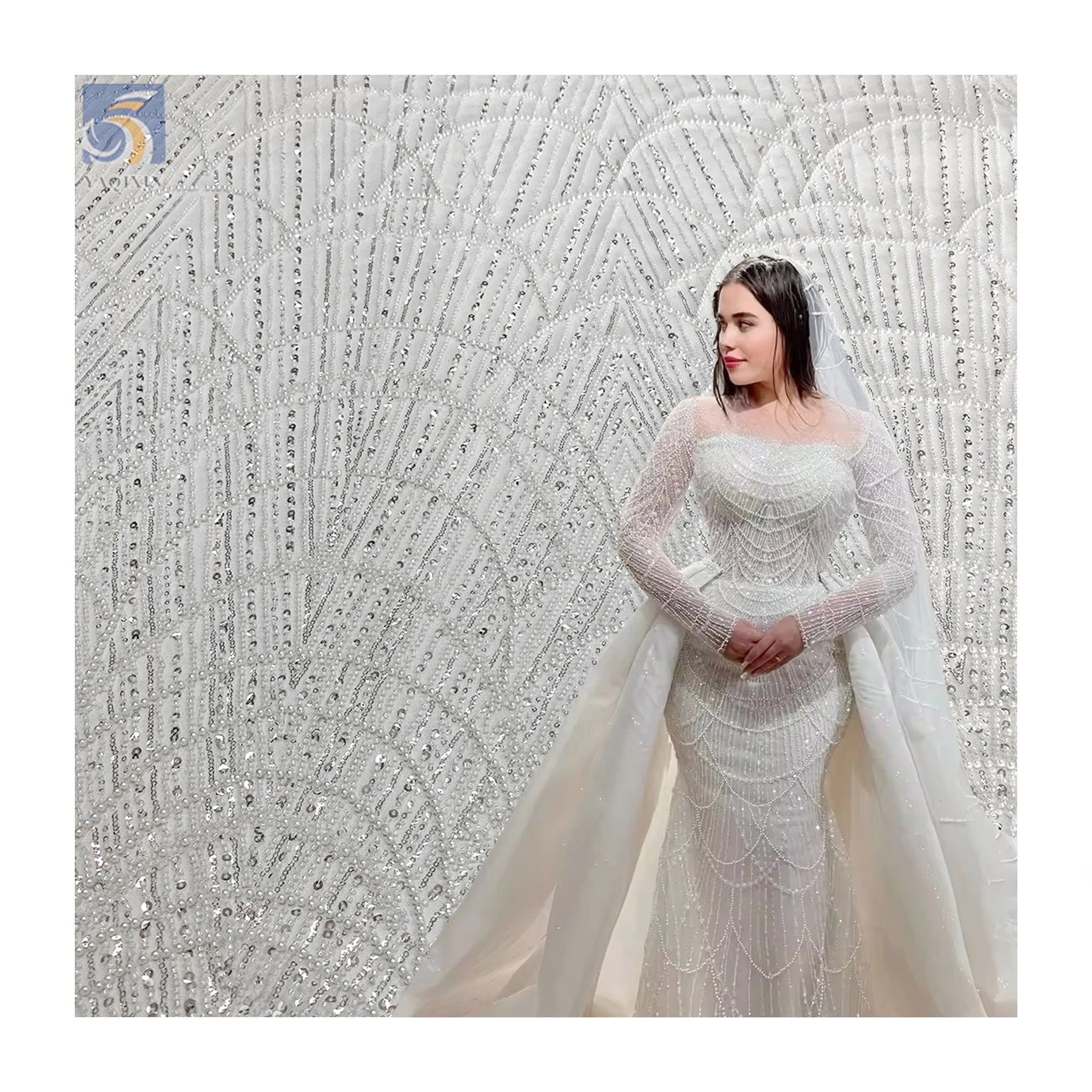 YX2574 White Embroidery Fabric Bridal Tulle Mesh Lace With Beads African Sequin Lace Fabrics for Dresses