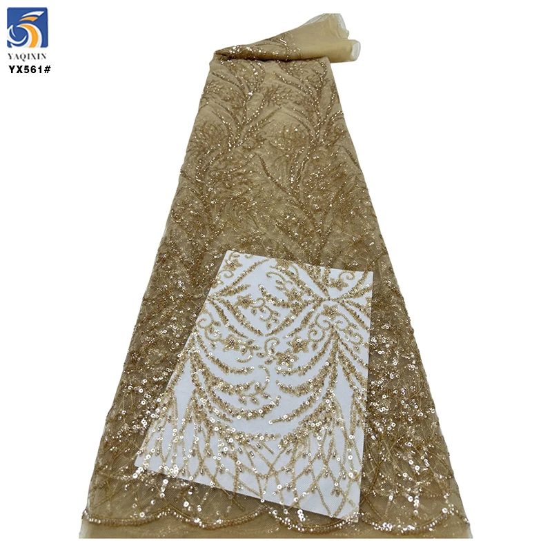 YX561 Africa 2025 Latest Nigerian Lace Fabric Olive Green Shiny Sequins Lace Fabric for Women Paris Catwalk - 图片 5