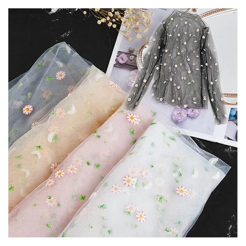 Beautiful Soft Floral Sunflowers Tulle Embroidered Fabric Lace Mesh Embroidered Fabric for Summer Dress - 图片 3