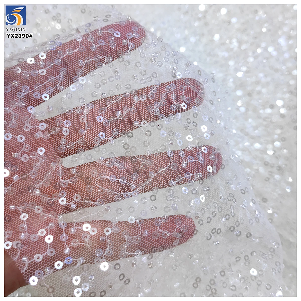 Cheapest Price Bead Pearl Lace Sequin Fabric Shiny Glitter Sequins Embroidery 3D Beaded Tulle Lace Fabric - 图片 4