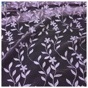 YX511 New Design Embroidery Fabric 2025 100% Polyester Leaf Pattern Embroidered Purple Tulle Mesh Fabric
