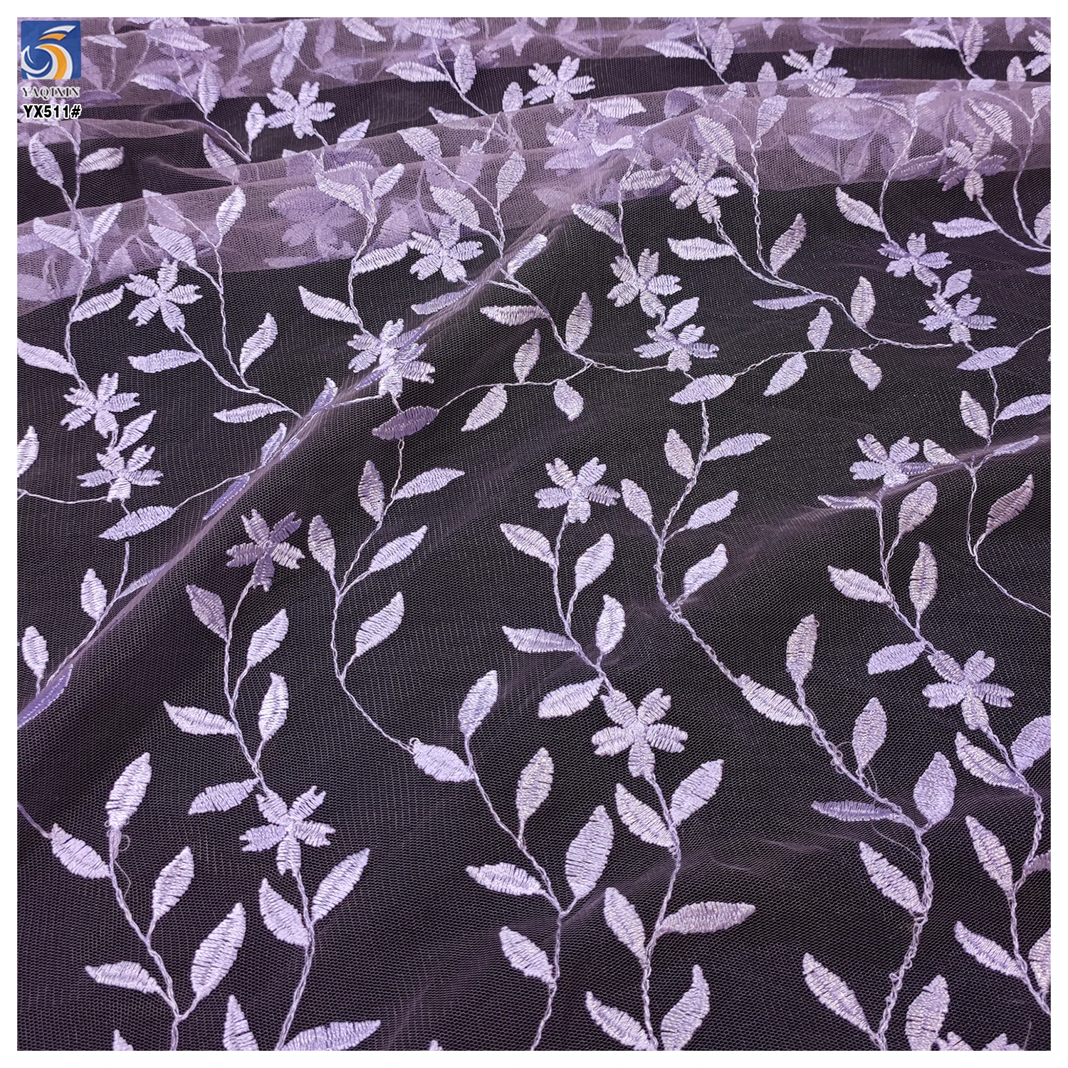 YX511 New Design Embroidery Fabric 2025 100% Polyester Leaf Pattern Embroidered Purple Tulle Mesh Fabric